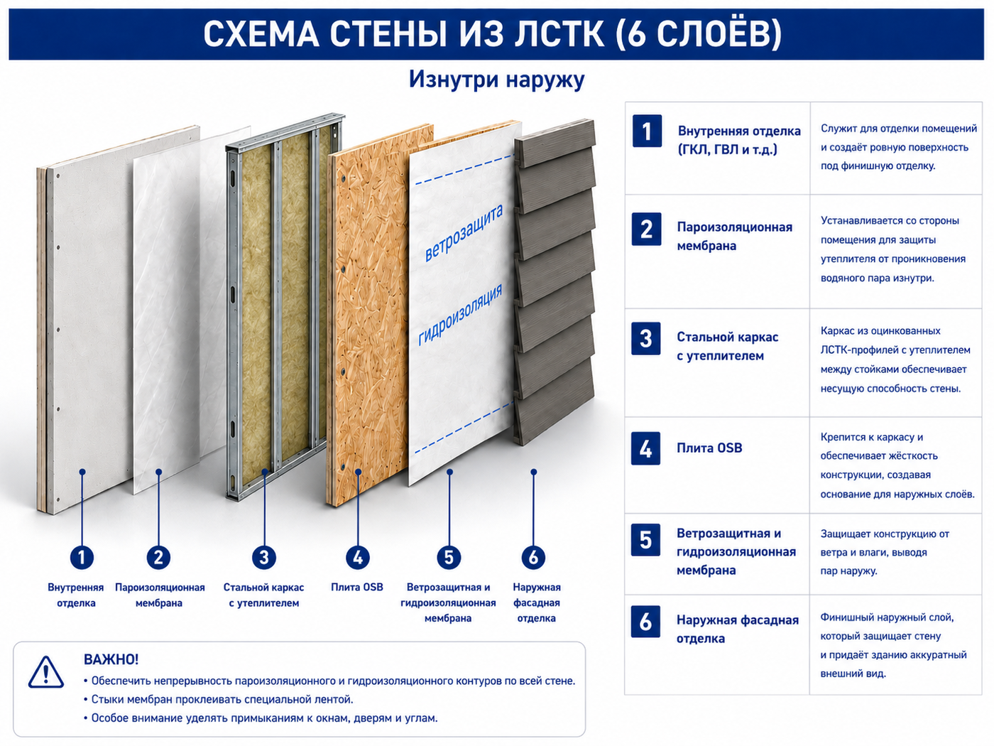 Схема стены ЛСТК из шести слоёв